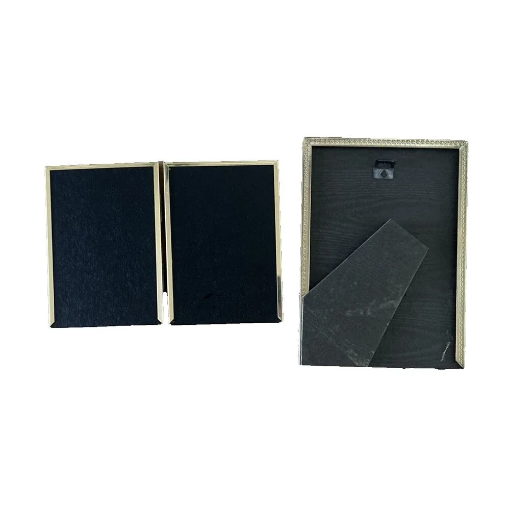 Vintage Gold Tone Brass Picture Frame Lot 5x7 Frame & Hinged Double 3.5x5 Framed